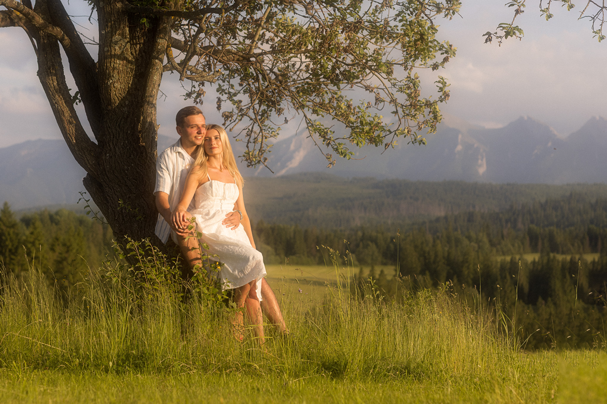 narzeczeni siedzący pod drzewem na łące w górach